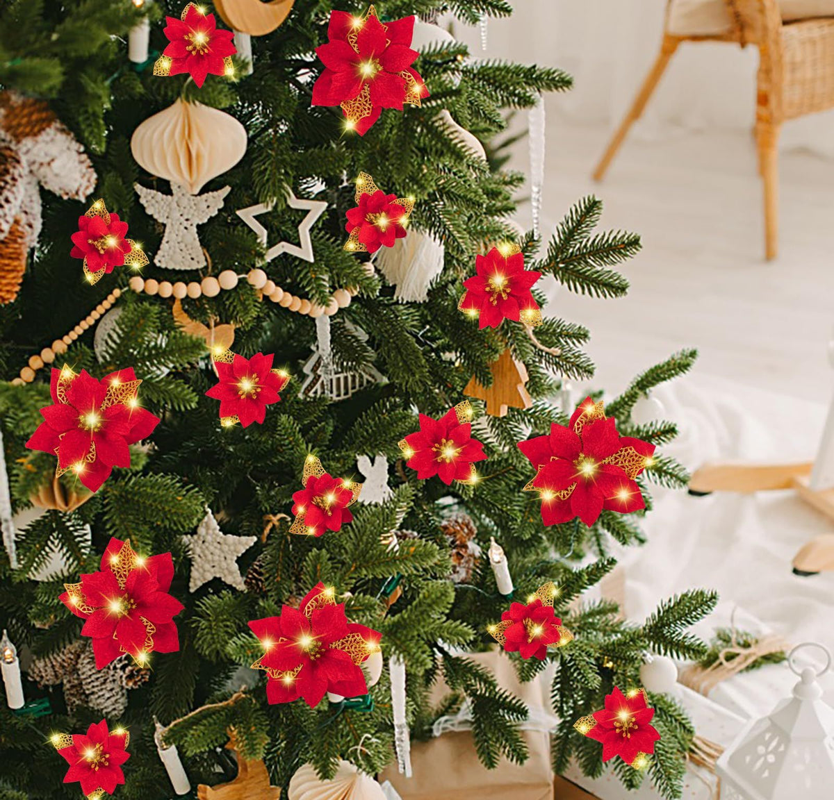 28PCS Christmas Tree Decorations: Poinsettias Artificial Flowers Ornaments Xmas Red Glitter Flower with Clips