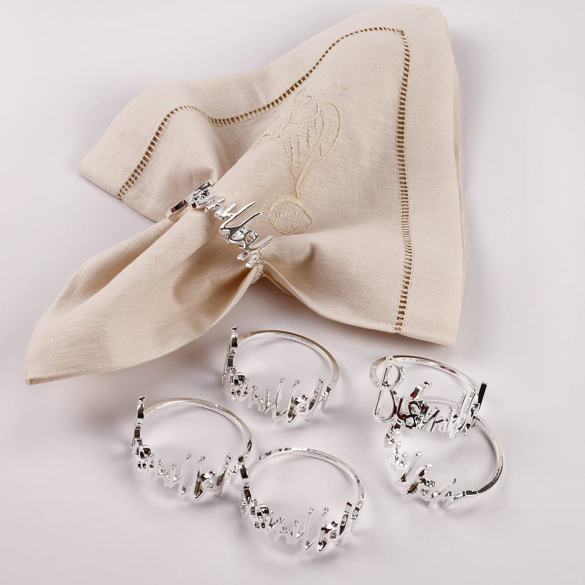 6pc Buckles Holder Table Decor for Wedding, Party, Christmas, Thanksgiving (Silver) Mardi Gras  with Metal Napkin Rings Holder