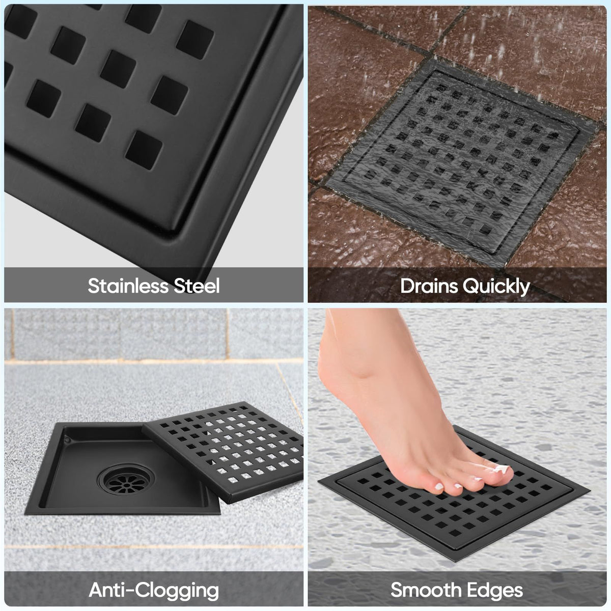 Square Floor Shower Drain, Lattice Square Perforated Pattern Easy Cleaning Removable Grate, Rustproof
