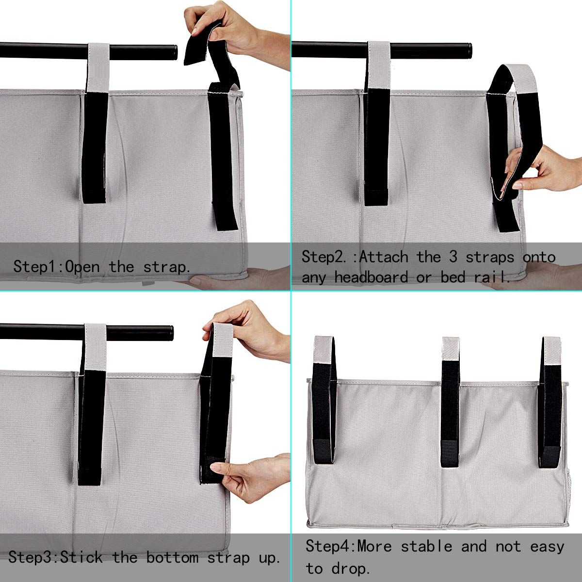 Bedside Caddy, Hanging Storage Bag Holder Beside Organizer with Pockets for Bunk Dorm Rooms and Hospital Bed Rails, Grey
