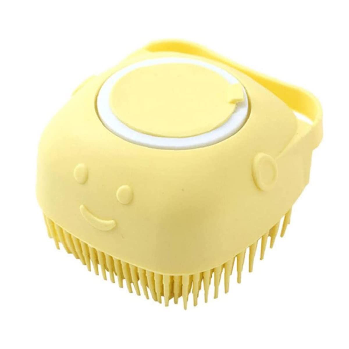 Bath Massage Brush with Soap and Shampoo Dispenser Soft Silicone Bristle for Long Short Haired Dogs Cats Shower (Yellow)