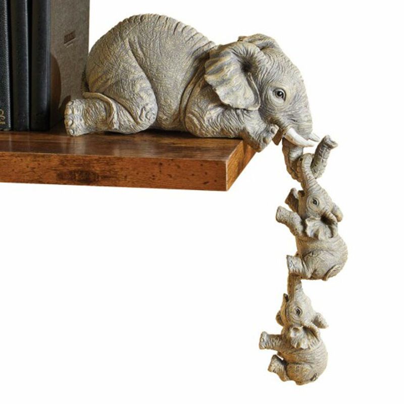 Elephant Shelf Sitter, Mother Elephant Hanging 2 Baby Elephants on The Edge, Hand-Painted Resin Collectable Figurines for Home