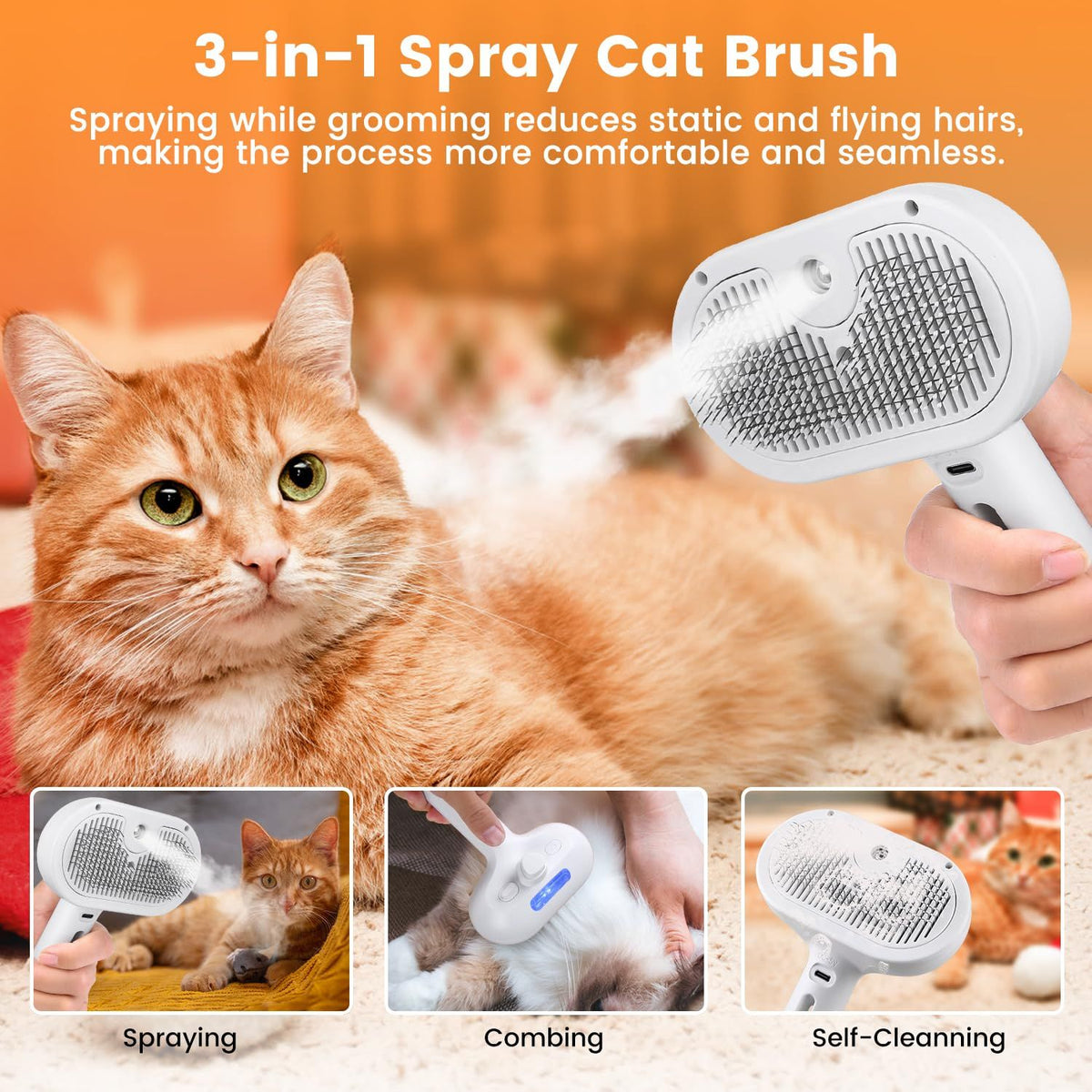 Cat Steam Brush for Shedding, Steamy Cat Brush for Long & Short Haired Cats & Dogs, Spray Cat Brush for Pet Grooming