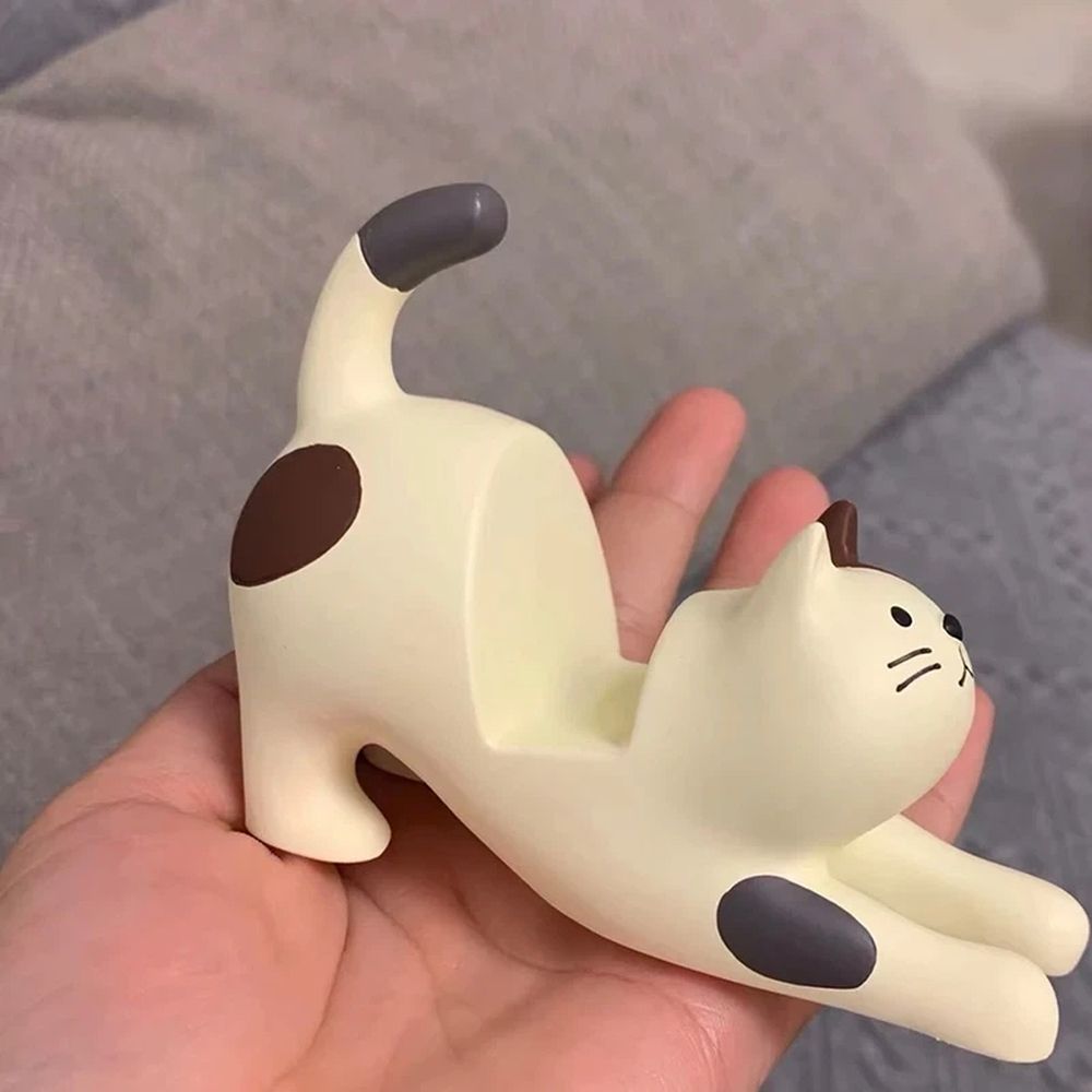 Lazy Cat Desktop Phone Stand Black  Tablet Universal Stand Decoration，Cream Cat with Brown Ear Patch Smartphone Stand
