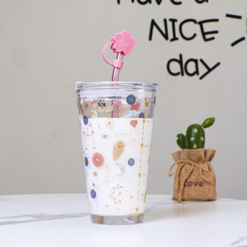 Lovely Clear Glass Tumblers with Lid and Straw, Large Capacity Breakfast Milk Cup, Juice Cup-Constellation