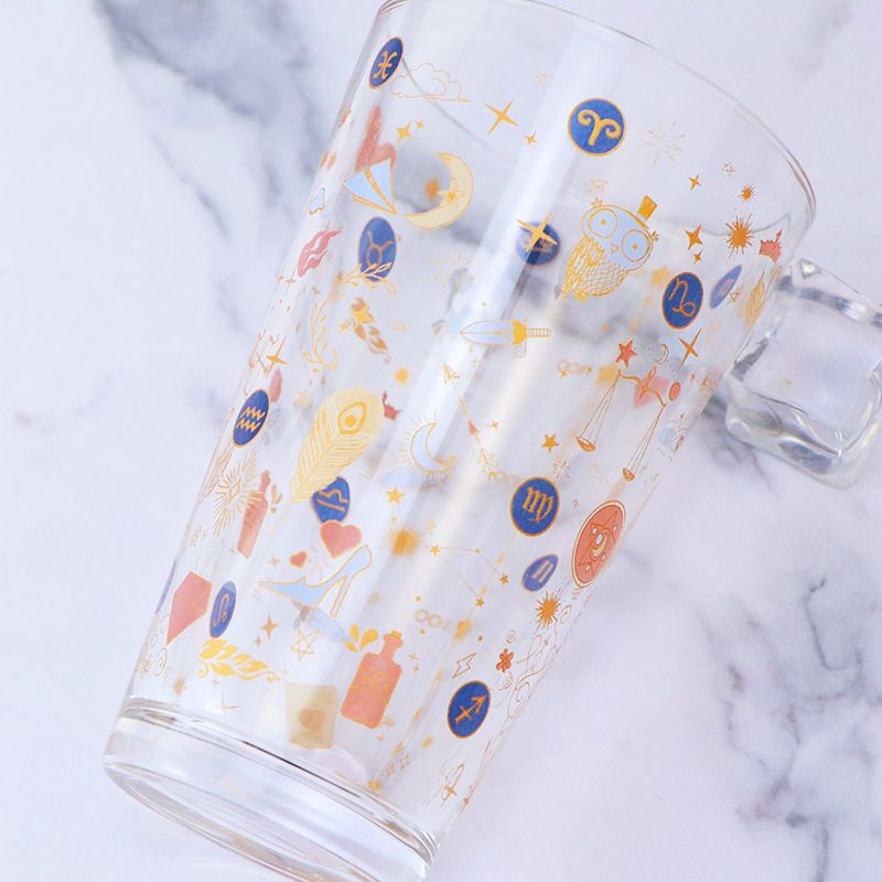 Lovely Clear Glass Tumblers with Lid and Straw, Large Capacity Breakfast Milk Cup, Juice Cup-Constellation