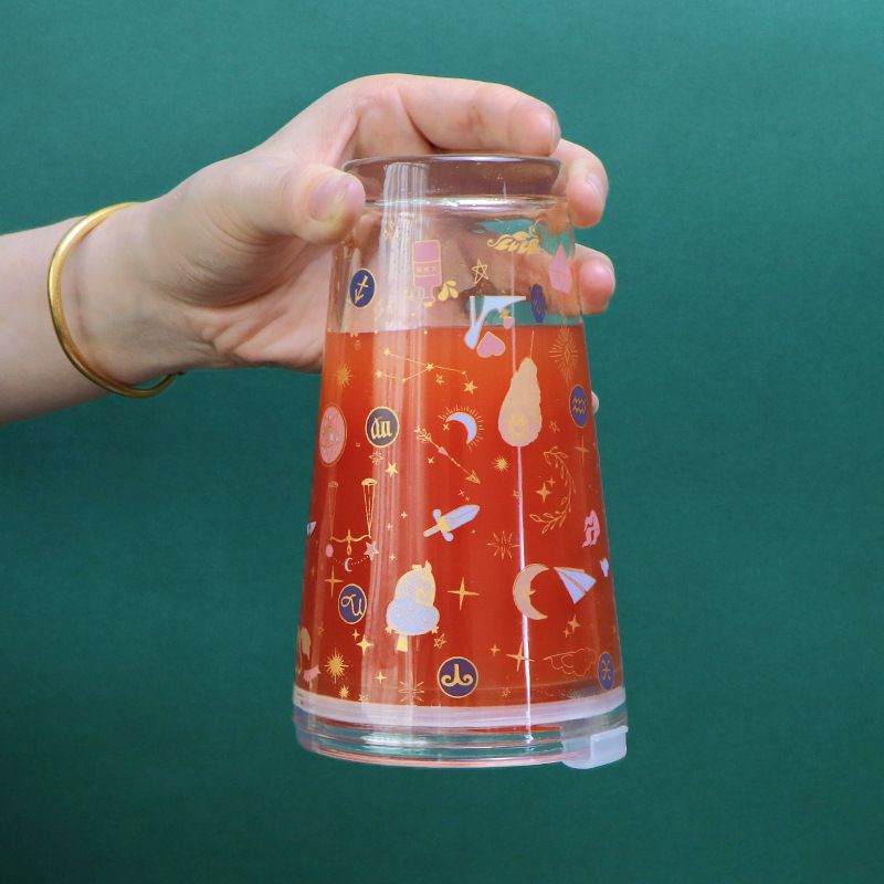 Lovely Clear Glass Tumblers with Lid and Straw, Large Capacity Breakfast Milk Cup, Juice Cup-Constellation
