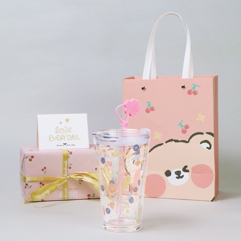 Lovely Clear Glass Tumblers with Lid and Straw, Large Capacity Breakfast Milk Cup, Juice Cup-Constellation