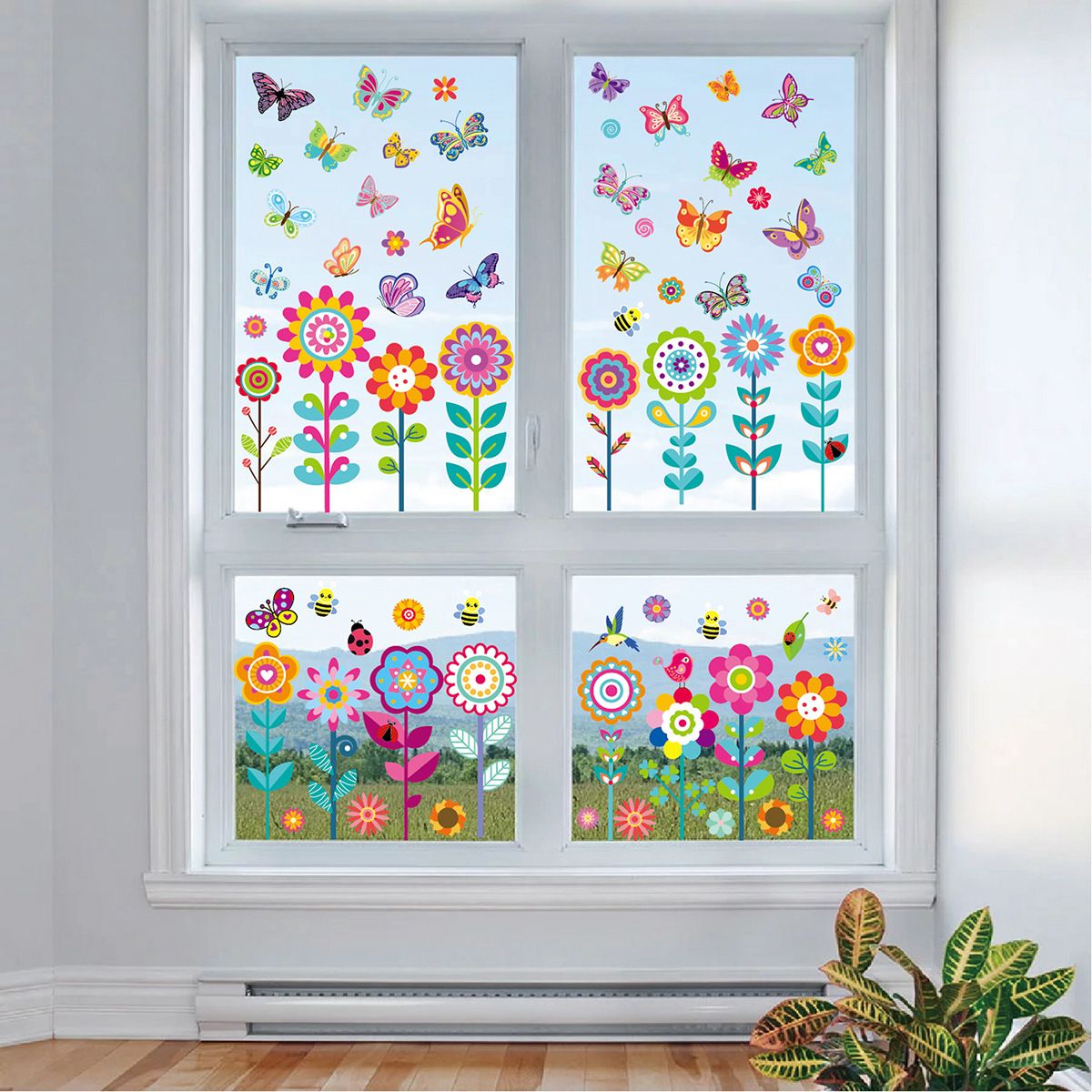 9PCS Window Clings Flowers Butterfly Window Stickers Decals for Kids Holiday Window Clings Nursery Spring Decorations