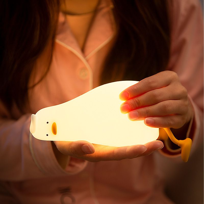 LED Lying Flat Duck Night Light, Cute Light Up Duck, Silicone Dimmable Nightlight, Rechargeable Bedside Touch Lamp
