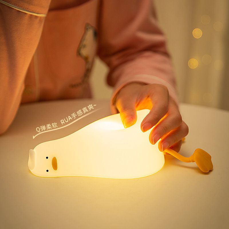 LED Lying Flat Duck Night Light, Cute Light Up Duck, Silicone Dimmable Nightlight, Rechargeable Bedside Touch Lamp
