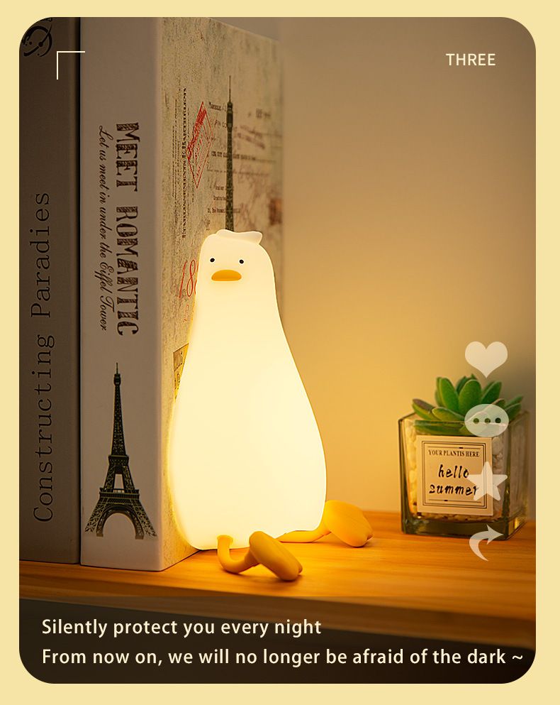 LED Lying Flat Duck Night Light, Cute Light Up Duck, Silicone Dimmable Nightlight, Rechargeable Bedside Touch Lamp