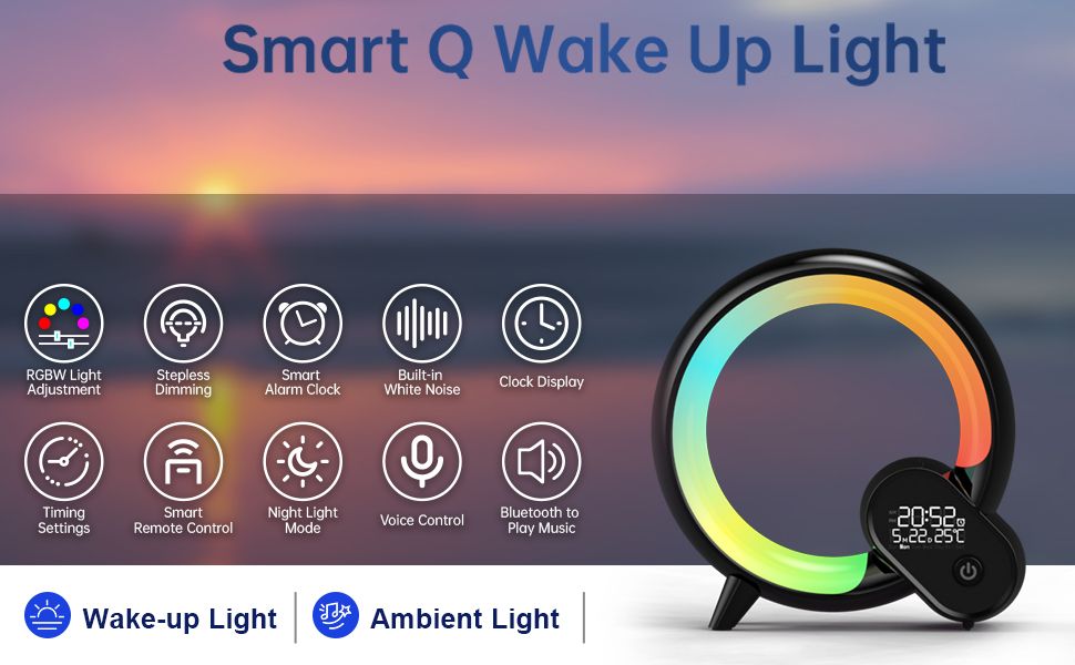 Smart night light lamp, Wake Up Light for bedroom,Smart alarm clock with Bluetooth APP and Remote control Control