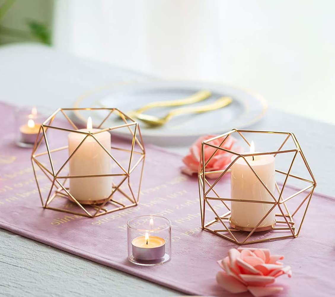 Geometric Tealight Candle Holders Gold, Modern Metal Centerpieces for Table, Candle Stand Accent for Tea Light 2pcs