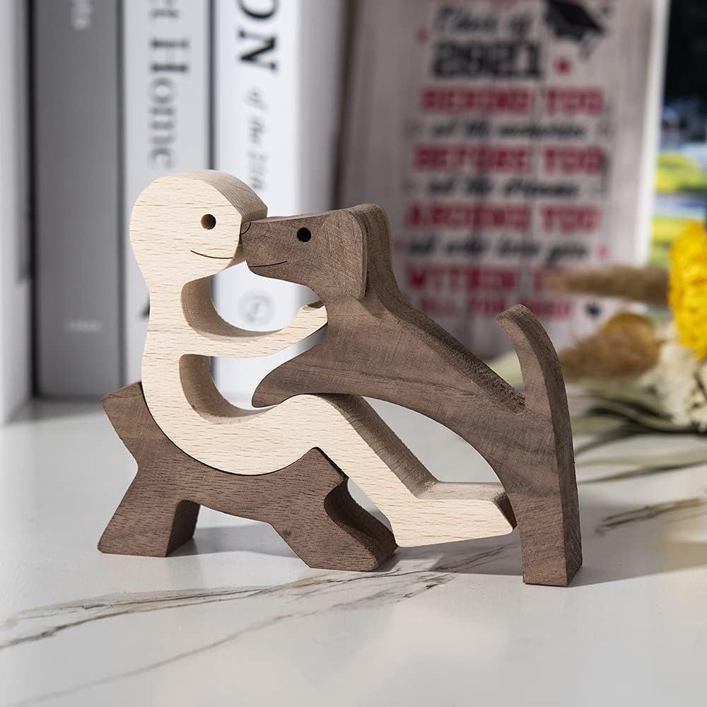 Handmade Wooden Statue, Sitting Woman and Dog, Wood Decor Accents Craft Figurine for Bedroom Home Office Shelf Decor Gift Natural
