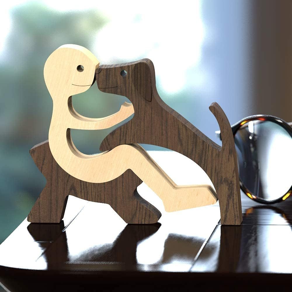 Handmade Wooden Statue, Sitting Woman and Dog, Wood Decor Accents Craft Figurine for Bedroom Home Office Shelf Decor Gift Natural