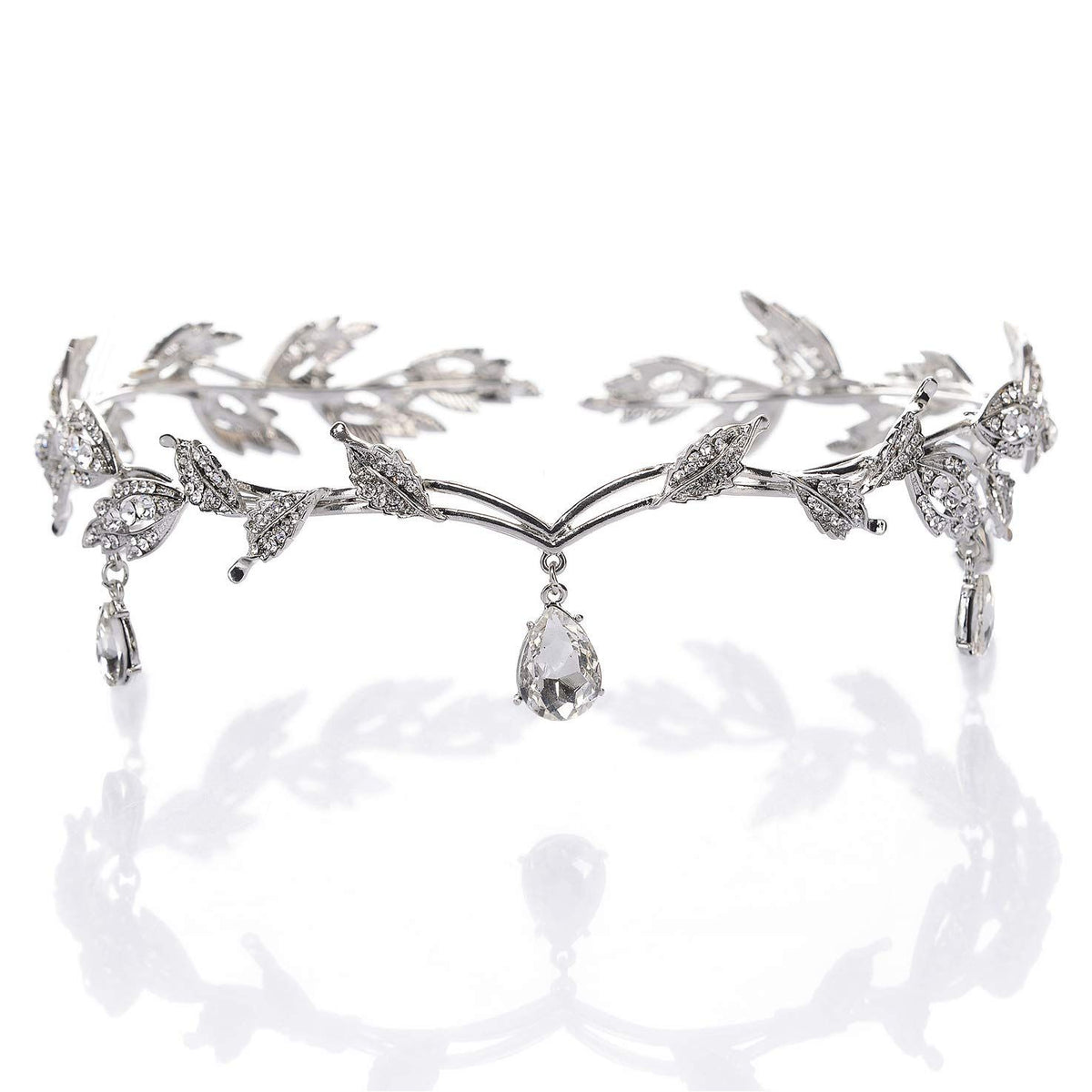 Rhinestone Leaf Wedding Crown Headband for Brides, Crystal Pendent Fairy Tiara Headband for Wedding Prom Birthday