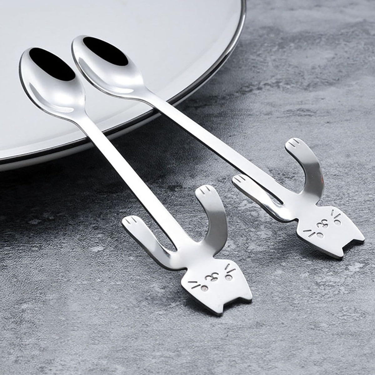2PCS，Tablespoon Scoop Cartoon Cats Long Handle Stainless Steel Coffee Tea Hanging Spoon Kitchen Supplies Coffee Spoon Food Spoon Shovel