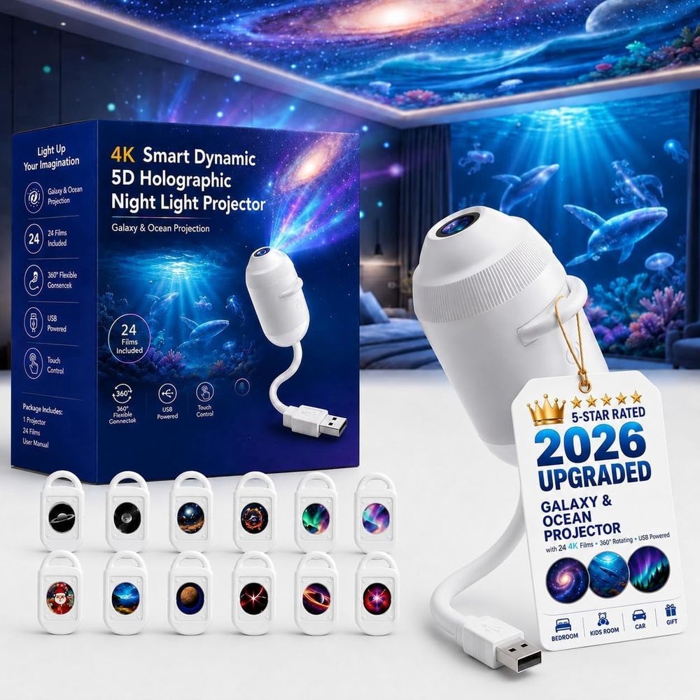 Upgraded Smart Dynamic 5D Holographic Night Light Projector with 24 Films, Plug and Play HD  Projector, 2-in-1 Star Projector, 360 Rotating, USB Powered (With 24 Films)