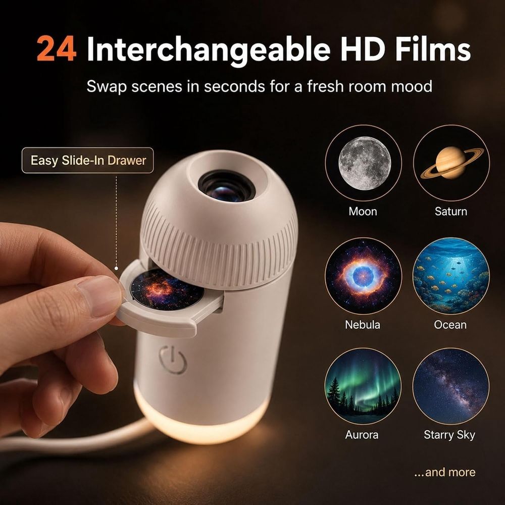 Upgraded Smart Dynamic 5D Holographic Night Light Projector with 24 Films, Plug and Play HD  Projector, 2-in-1 Star Projector, 360 Rotating, USB Powered (With 24 Films)