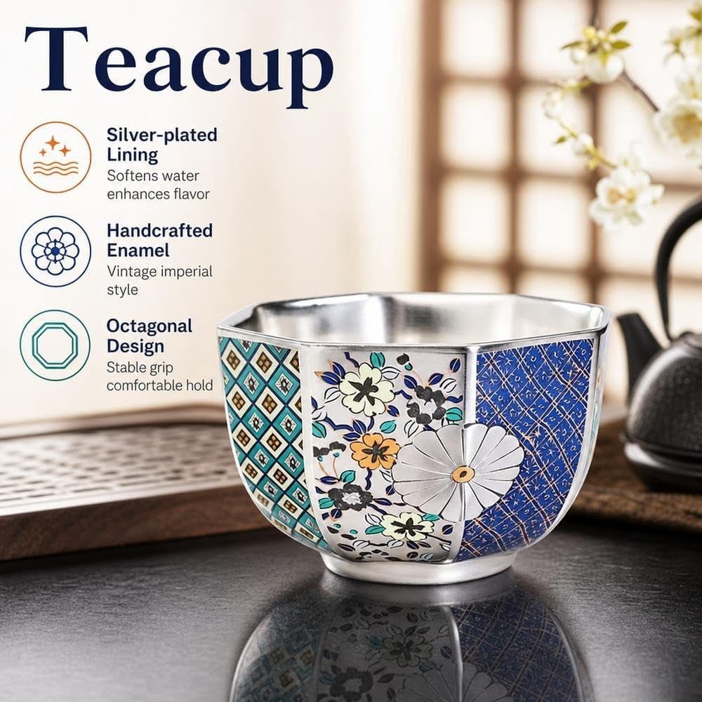 Chinese Gongfu Tea Cup,5.58oz Ceramic Teacups with Silver Inner, Traditional Chinese Kung Fu Tea Master Cup,Enamel Floral Water Cups Drinking Cup for Tea Ceremony, Premium Teas Lover Gift