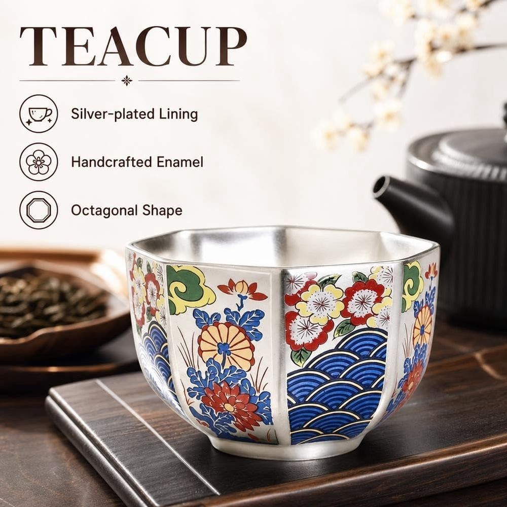 Chinese Gongfu Tea Cup,5.58oz Ceramic Teacups with Silver Inner, Traditional Chinese Kung Fu Tea Master Cup,Enamel Floral Water Cups Drinking Cup for Tea Ceremony, Premium Teas Lover Gift