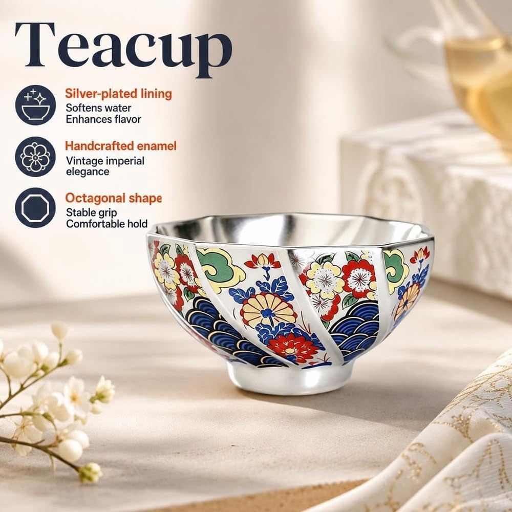 Chinese Gongfu Tea Cup,5.58oz Ceramic Teacups with Silver Inner, Traditional Chinese Kung Fu Tea Master Cup,Enamel Floral Water Cups Drinking Cup for Tea Ceremony, Premium Teas Lover Gift