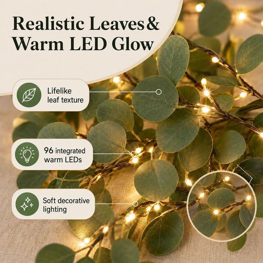 2Pcs  Faux Vine Lights Artificial Greenery Garlands, Vines with Fairy Lights for Fireplace, Table, Wedding, Home Décor