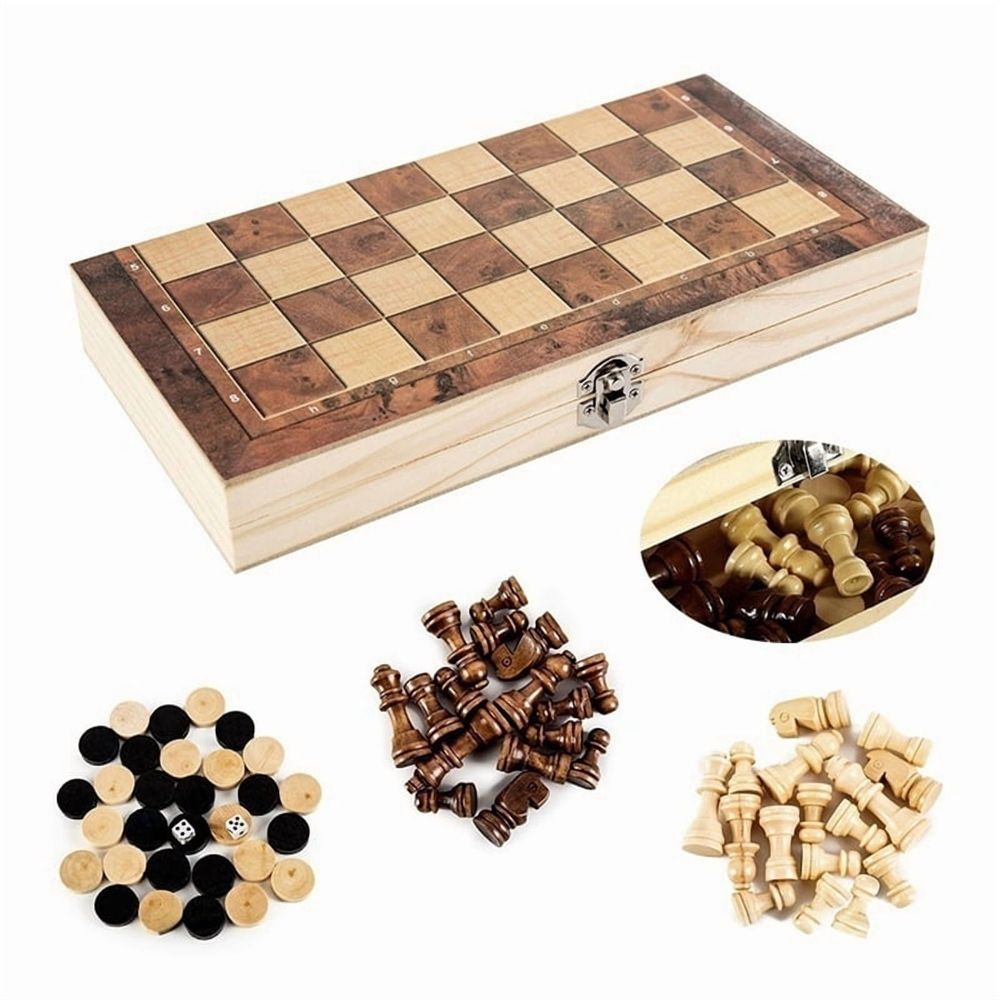 Wooden Foldable Chess Backgammon Wooden Board Folding Board Game 34x34cm