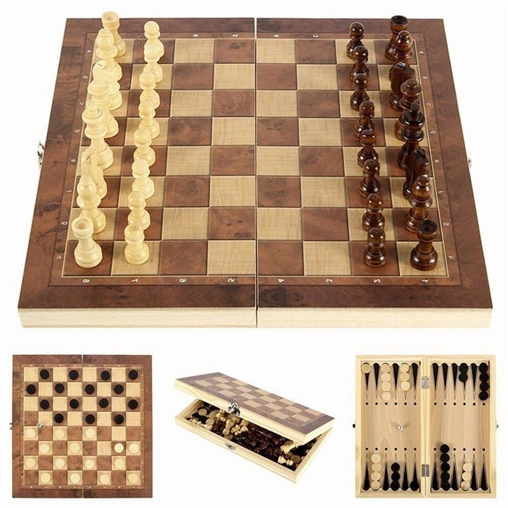 Wooden Foldable Chess Backgammon Wooden Board Folding Board Game 34x34cm