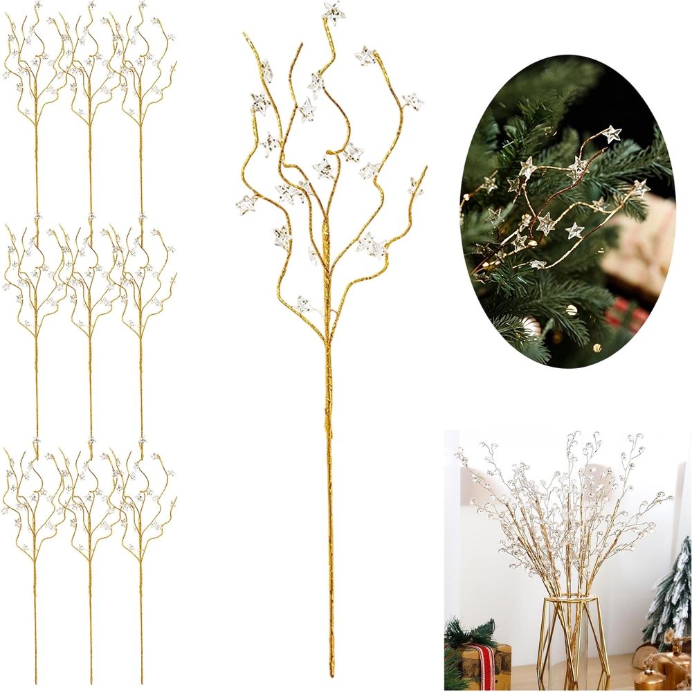 10PCS Crystal Picks for Christmas Tree, Clear Beaded Branch Set with Flexible Stems for Wreaths Garlands Centerpieces and Vases