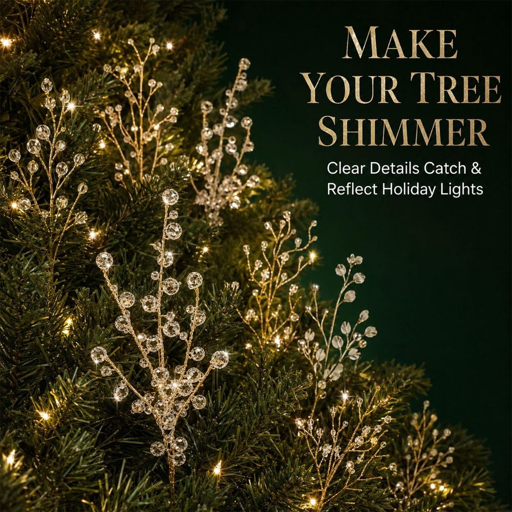10PCS Crystal Picks for Christmas Tree, Clear Beaded Branch Set with Flexible Stems for Wreaths Garlands Centerpieces and Vases