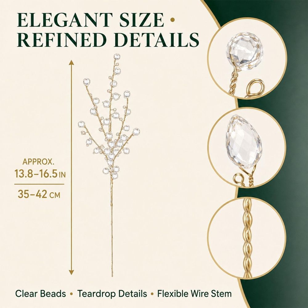 10PCS Crystal Picks for Christmas Tree, Clear Beaded Branch Set with Flexible Stems for Wreaths Garlands Centerpieces and Vases
