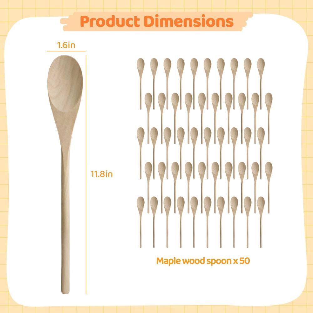 50PCS Long Wooden Spoons for Cooking, 12" Kitchen Wooden Spoons for Crafts, Long Handle Wood Spoons Oval Wood Mixing Spoons Baking Mixing Serving Craft Utensils