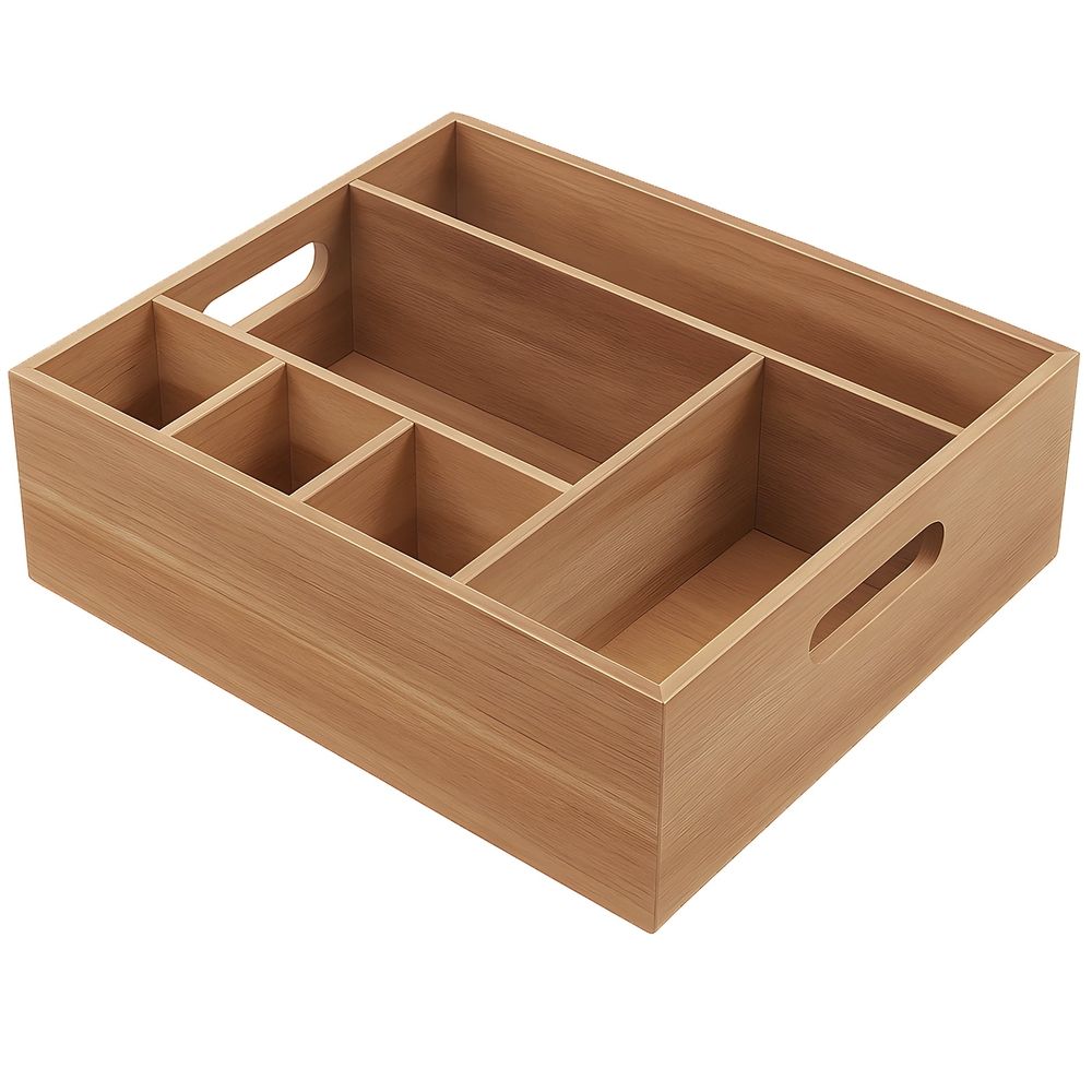 Wooden Cutlery Holder for Dining Table, Multiple Compartments Organizer Box, Ideal for Parties, Picnic, and Home Use, Features Handles for Easy Movement 11"x10.5"x3.7