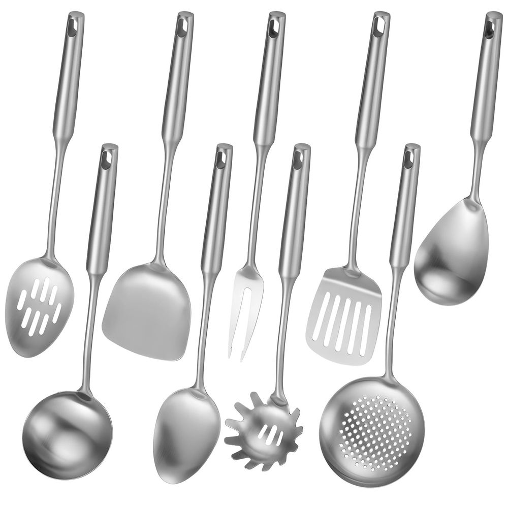 9PCS Stainless Steel Cooking Utensils, Kitchen Serving Utensil with Long Handle & Hanging Hole, Skimmer, Ladle, Spatula, Slotted Spoon, Pasta Server, Meat Fork, Dishwasher Safe