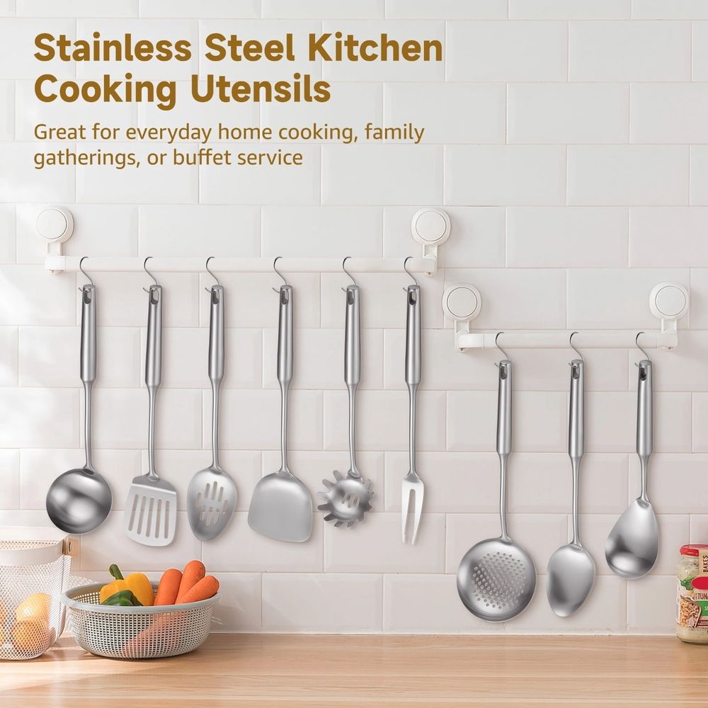9PCS Stainless Steel Cooking Utensils, Kitchen Serving Utensil with Long Handle & Hanging Hole, Skimmer, Ladle, Spatula, Slotted Spoon, Pasta Server, Meat Fork, Dishwasher Safe