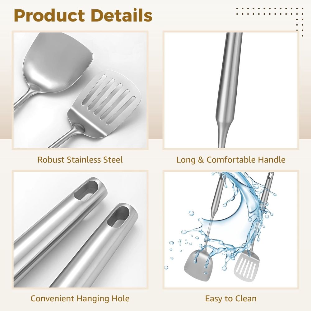 9PCS Stainless Steel Cooking Utensils, Kitchen Serving Utensil with Long Handle & Hanging Hole, Skimmer, Ladle, Spatula, Slotted Spoon, Pasta Server, Meat Fork, Dishwasher Safe