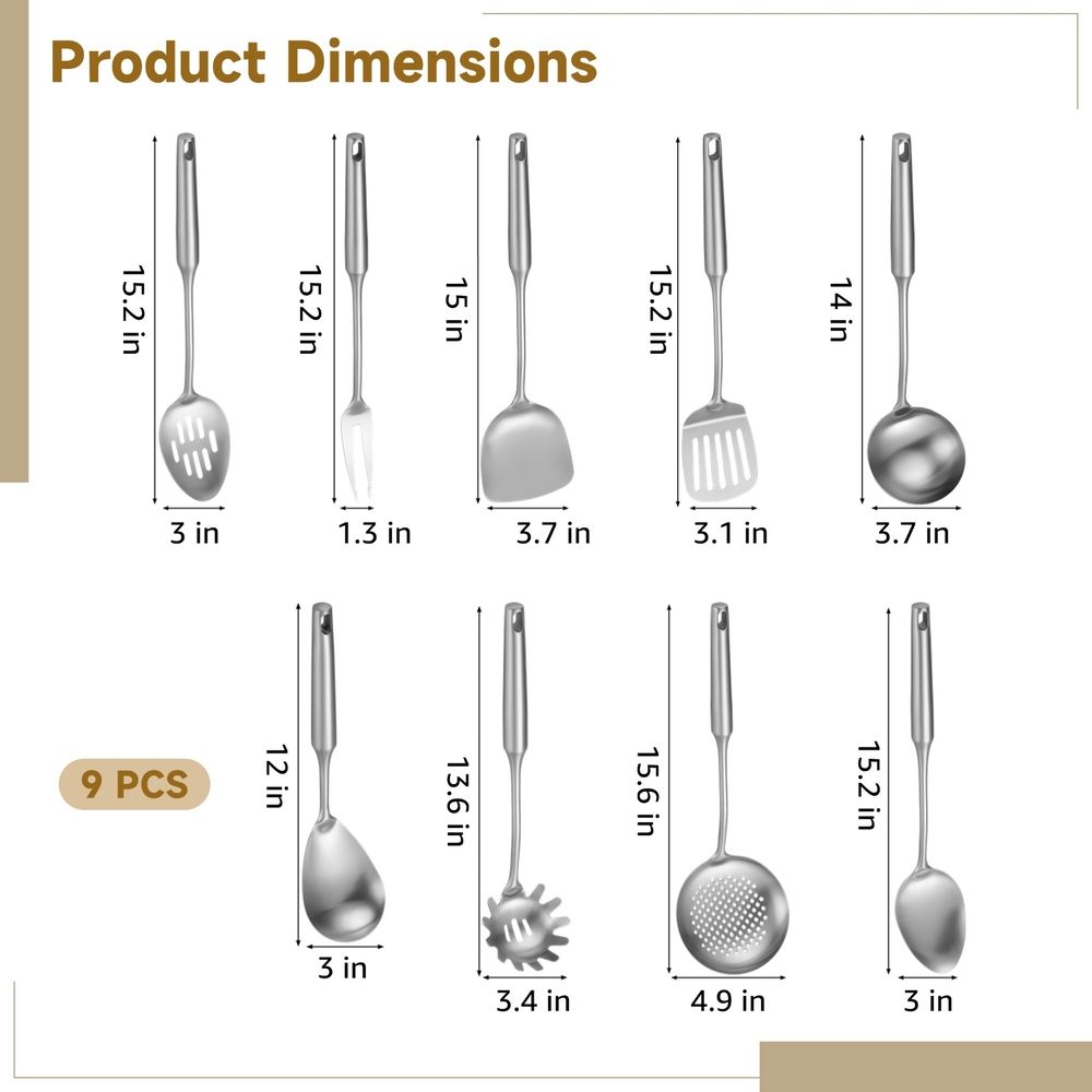 9PCS Stainless Steel Cooking Utensils, Kitchen Serving Utensil with Long Handle & Hanging Hole, Skimmer, Ladle, Spatula, Slotted Spoon, Pasta Server, Meat Fork, Dishwasher Safe