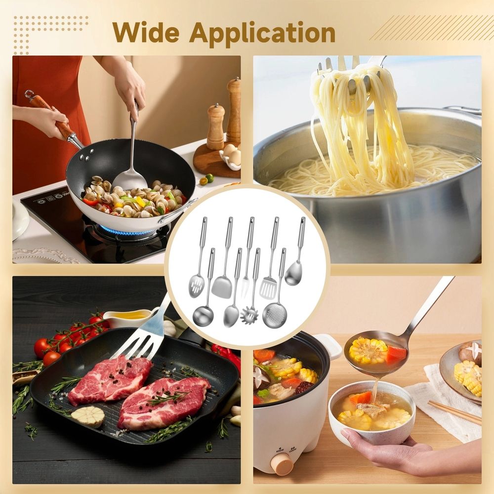 9PCS Stainless Steel Cooking Utensils, Kitchen Serving Utensil with Long Handle & Hanging Hole, Skimmer, Ladle, Spatula, Slotted Spoon, Pasta Server, Meat Fork, Dishwasher Safe