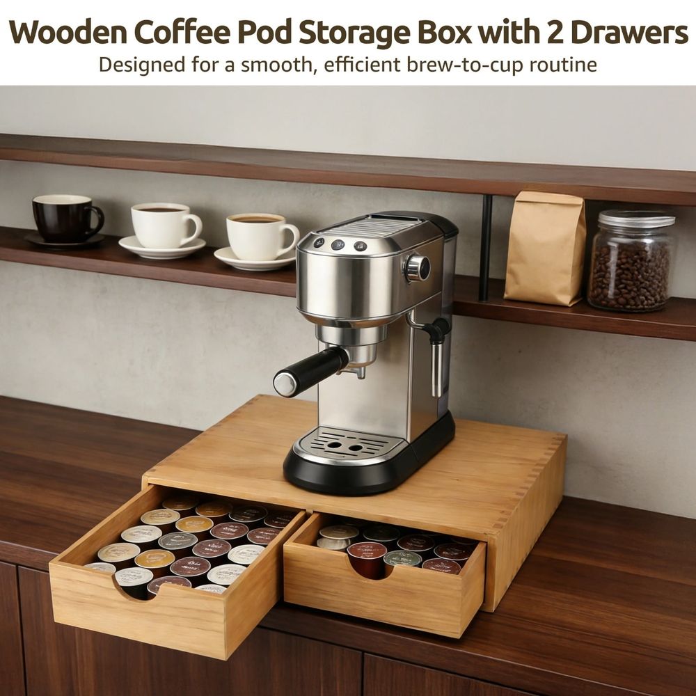 Wooden Coffee Pod Storage Box with 2 Drawers, Wood Coffee Pods and Tea Organizer Holder, Pod Drawer Coffee Maker Machine Stand for Countertop, Home Office Coffee Bar