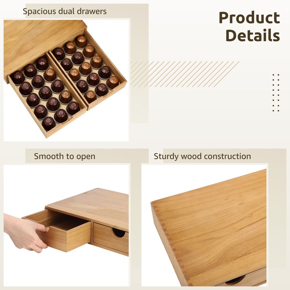 Wooden Coffee Pod Storage Box with 2 Drawers, Wood Coffee Pods and Tea Organizer Holder, Pod Drawer Coffee Maker Machine Stand for Countertop, Home Office Coffee Bar