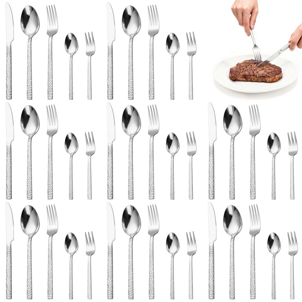 40PCS Hammered Silverware Set for 8, Stainless Steel Flatware, Elegant Silver Cutlery Set with Service for Dinner Knives, Dinner Spoons, Dinner Forks, Teaspoons, Tea Forks