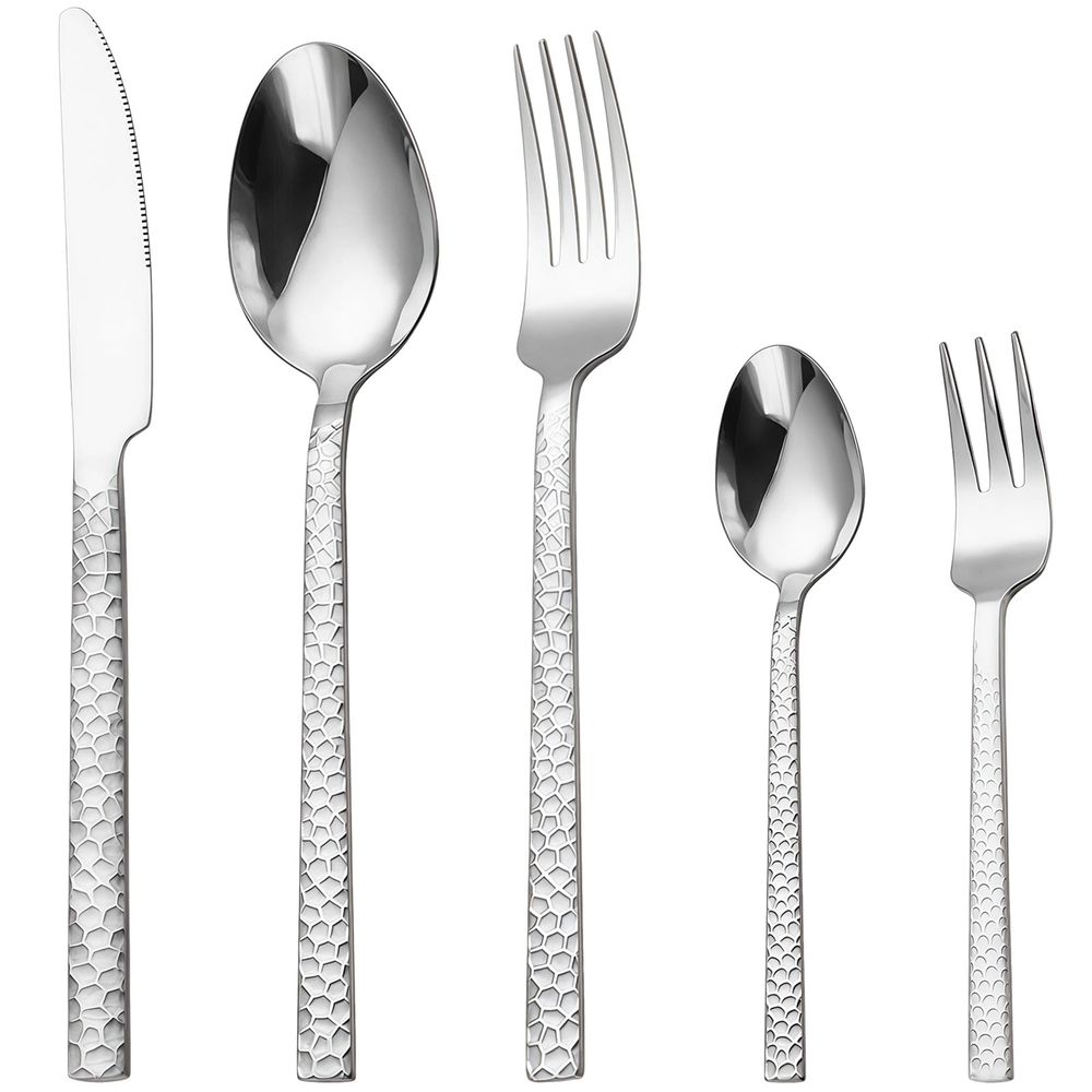 40PCS Hammered Silverware Set for 8, Stainless Steel Flatware, Elegant Silver Cutlery Set with Service for Dinner Knives, Dinner Spoons, Dinner Forks, Teaspoons, Tea Forks