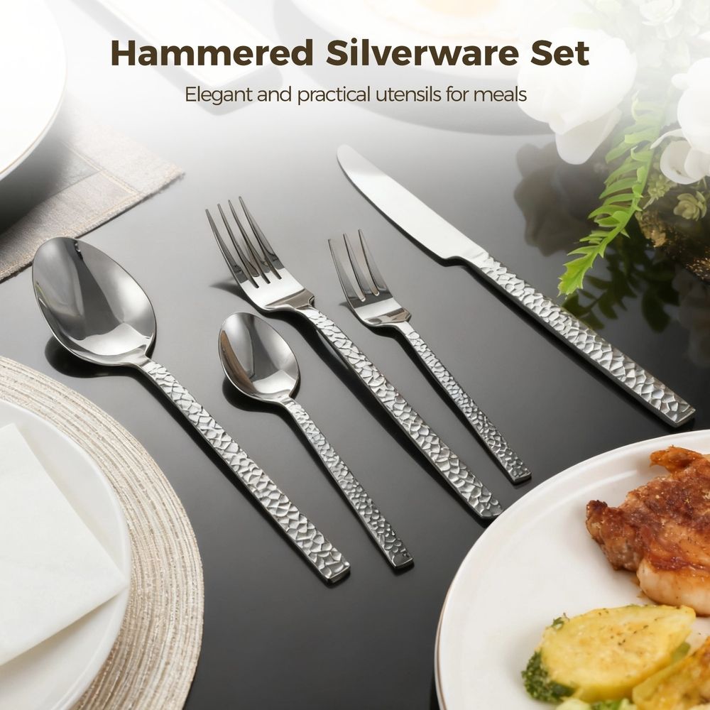 40PCS Hammered Silverware Set for 8, Stainless Steel Flatware, Elegant Silver Cutlery Set with Service for Dinner Knives, Dinner Spoons, Dinner Forks, Teaspoons, Tea Forks