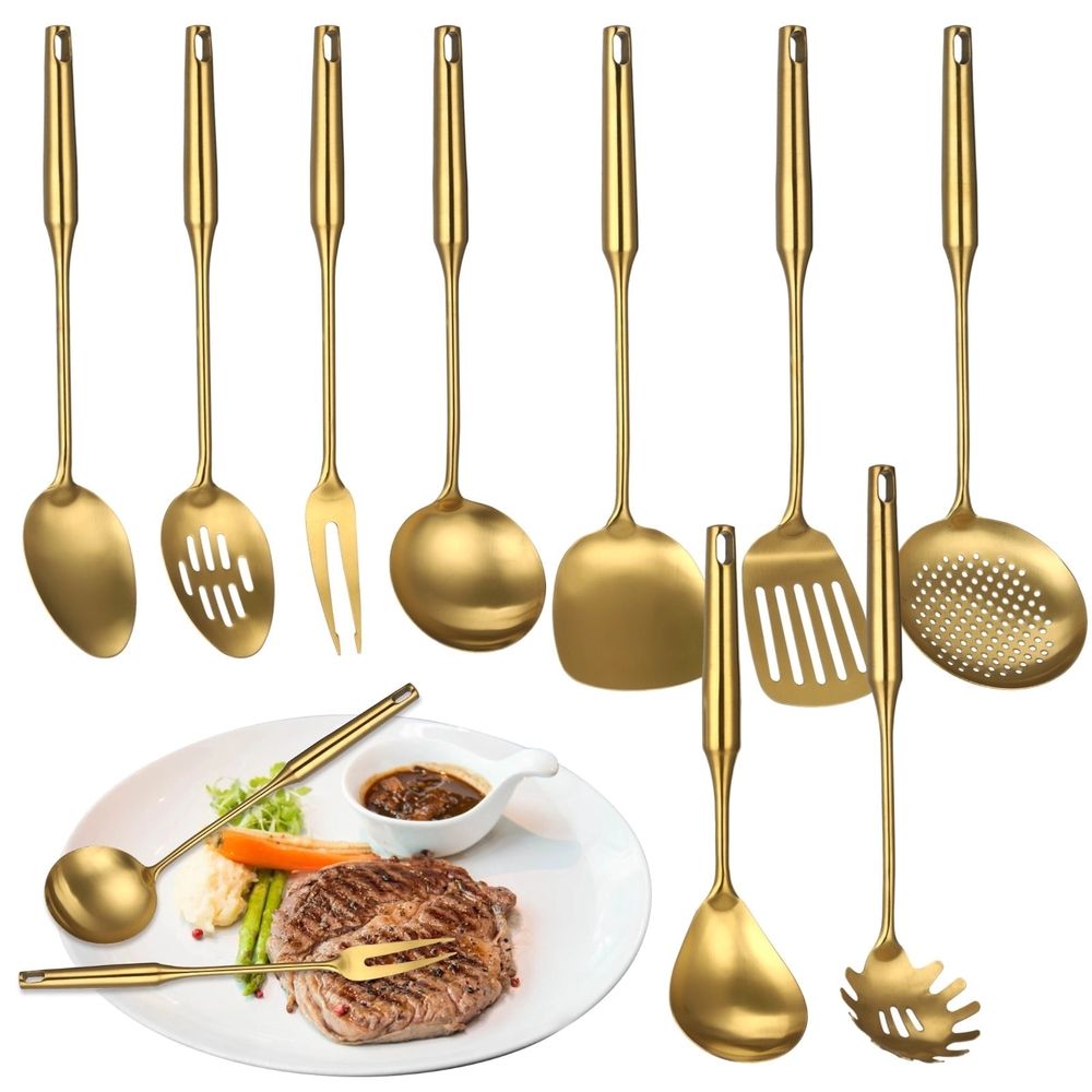 9PCS Gold Kitchen Utensils Set, 304 Stainless Steel Gadgets Cooking Tools, All Metal Serving Utensils, Includes Spatulas, Spoons, Ladle, Skimmer, Tunner