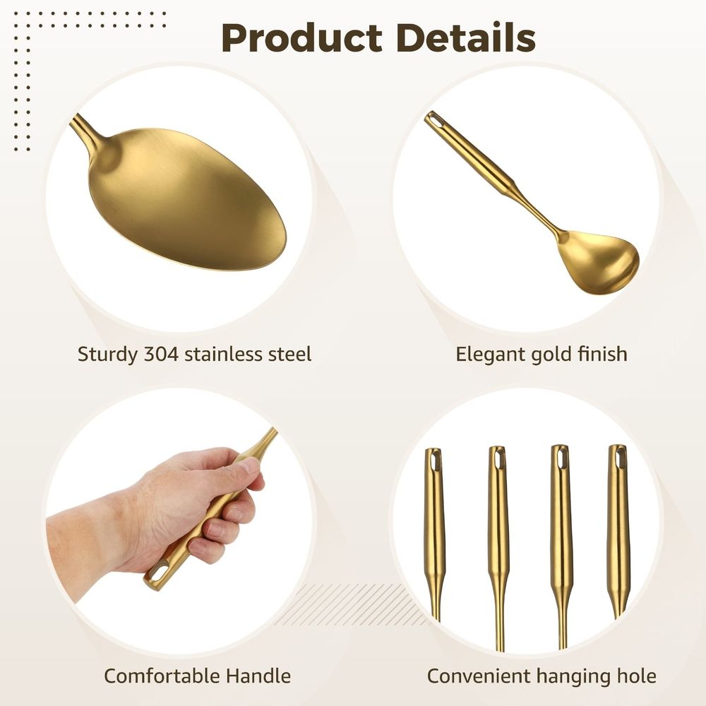 9PCS Gold Kitchen Utensils Set, 304 Stainless Steel Gadgets Cooking Tools, All Metal Serving Utensils, Includes Spatulas, Spoons, Ladle, Skimmer, Tunner