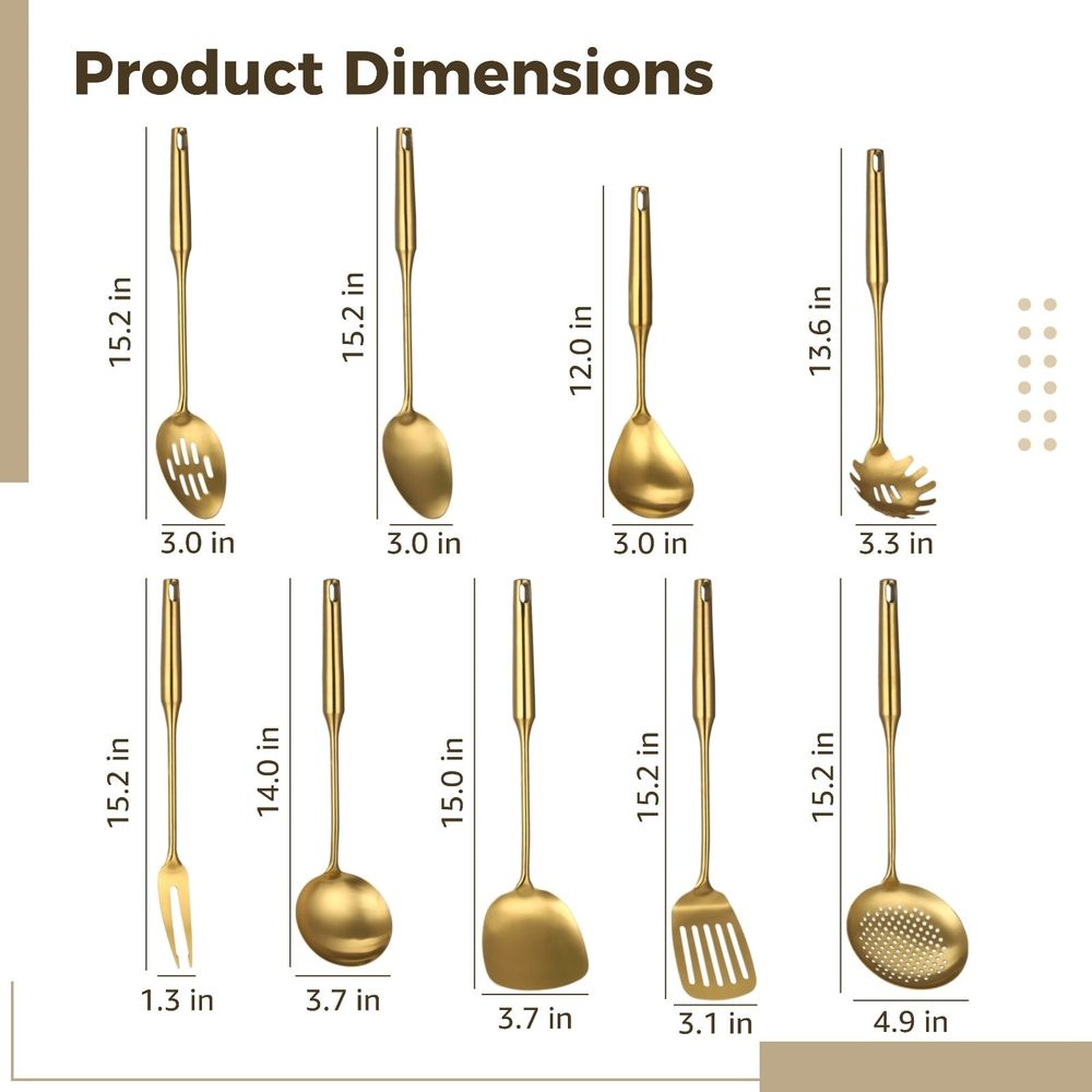 9PCS Gold Kitchen Utensils Set, 304 Stainless Steel Gadgets Cooking Tools, All Metal Serving Utensils, Includes Spatulas, Spoons, Ladle, Skimmer, Tunner