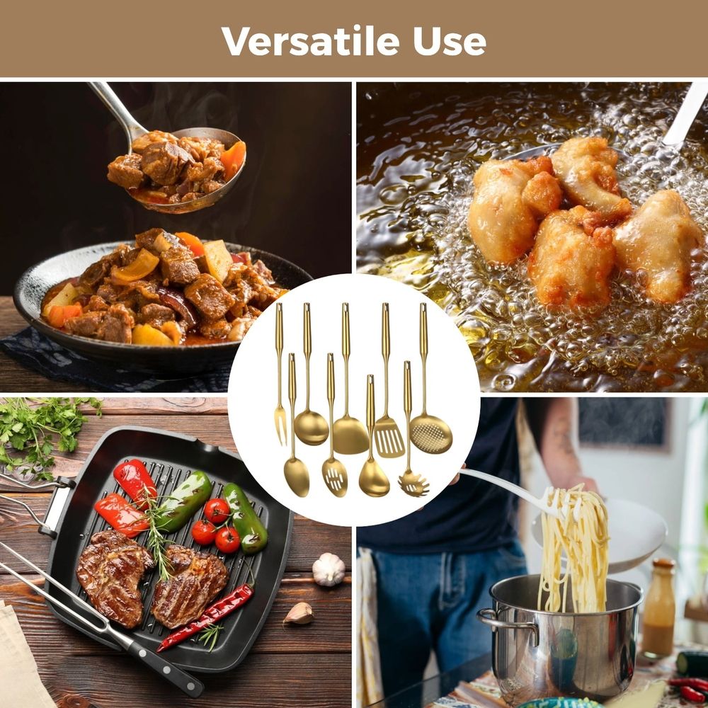 9PCS Gold Kitchen Utensils Set, 304 Stainless Steel Gadgets Cooking Tools, All Metal Serving Utensils, Includes Spatulas, Spoons, Ladle, Skimmer, Tunner