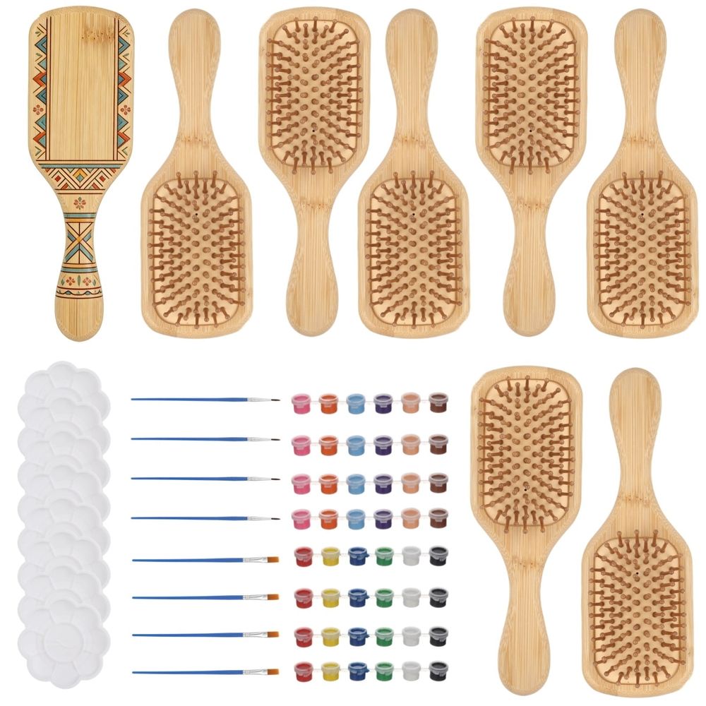 8PCS DIY Wooden Hairbrush Painting Kits, Hand-Painted Hair Brush with Paints, Brushes & Palette, Massage Styling Comb Set, Creative Craft Supplies for Artistic Activity & Festive Party